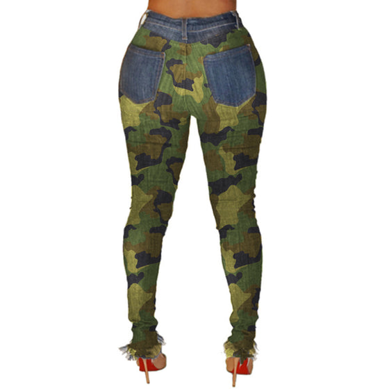 Land of Nostalgia High Waist Camouflage Distressed Trousers Women's Denim Ripped Jeans