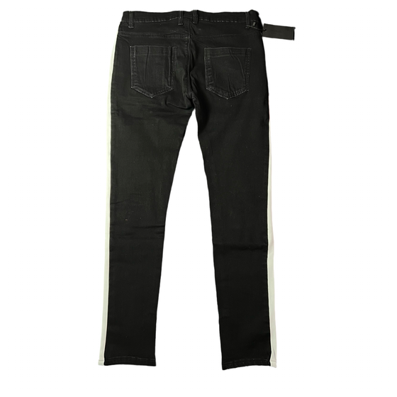 Land of Nostalgia Men’s Skinny Jeans with White Side Stripes and Ripped Knees (Ready to Ship)