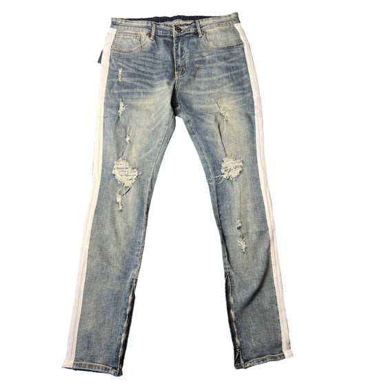 Land of Nostalgia Men's Biker Trousers Hole Cargo Skinny Jeans With Side Stripe (Ready to Ship)