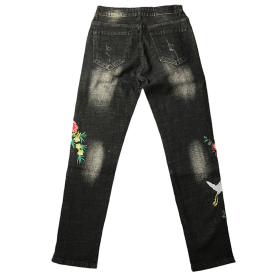 Land of Nostalgia Men's Black Floral Embroidered Skinny Jeans (Ready to Ship)