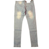 Land of Nostalgia Men’s Light Blue Distressed Skinny Jeans with Black Knee Patches (Ready to Ship)