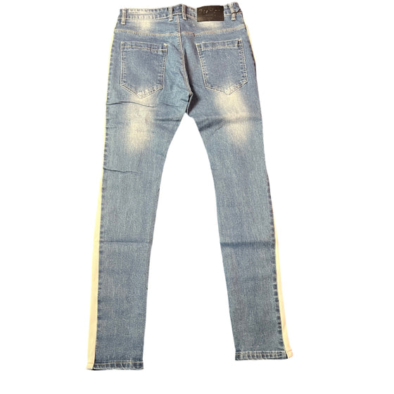 Land of Nostalgia Men’s Distressed Skinny Jeans with White Side Stripes and Zippered Ankles (Ready to Ship)