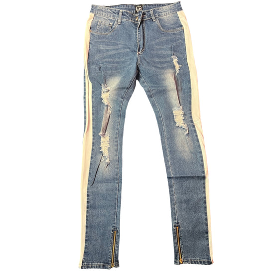 Land of Nostalgia Men’s Distressed Skinny Jeans with White Side Stripes and Zippered Ankles (Ready to Ship)