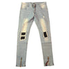 Land of Nostalgia Men’s Light Blue Distressed Skinny Jeans with Black Knee Patches (Ready to Ship)