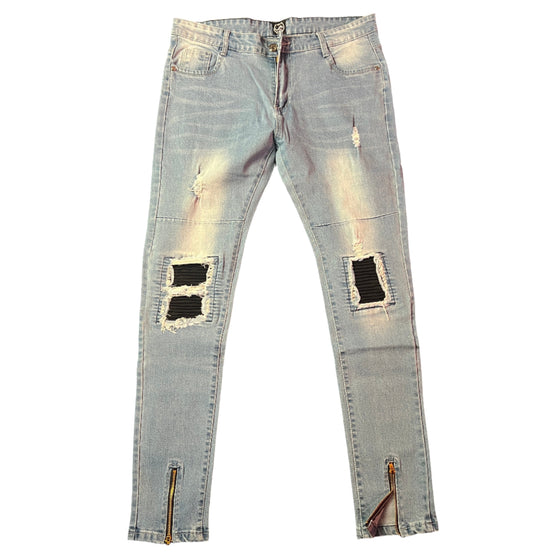 Land of Nostalgia Men’s Light Blue Distressed Skinny Jeans with Black Knee Patches (Ready to Ship)