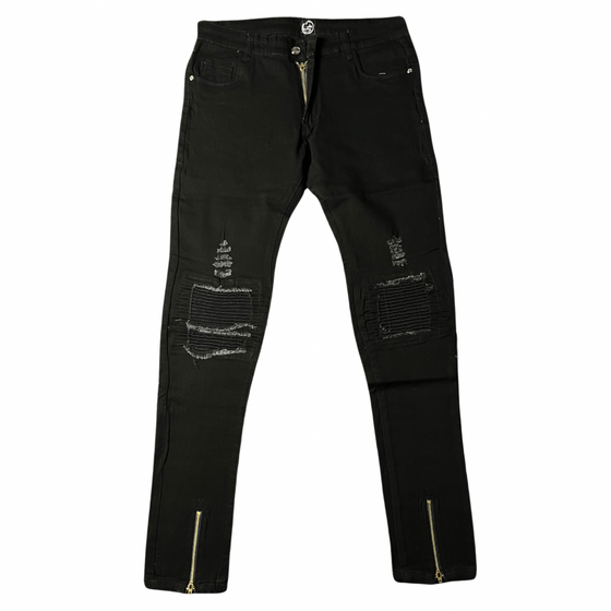 Men’s Black Distressed Skinny Jeans with Gold Zippers (Ready to Ship)