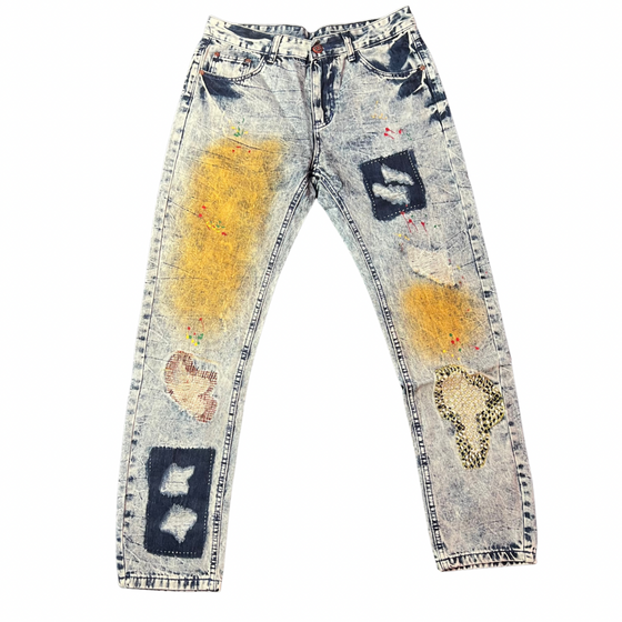 Land of Nostalgia Men's Artistic Distressed Patchwork Denim Jeans