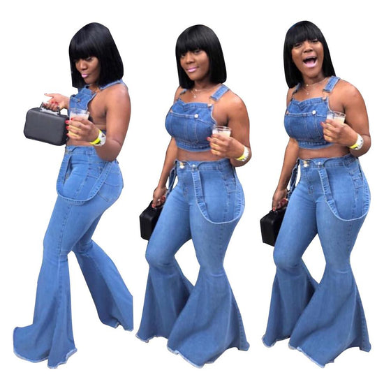 Land of Nostalgia 2 pcs Set Flared Pants Overalls Women's Denim Jeans - Land of Nostalgia