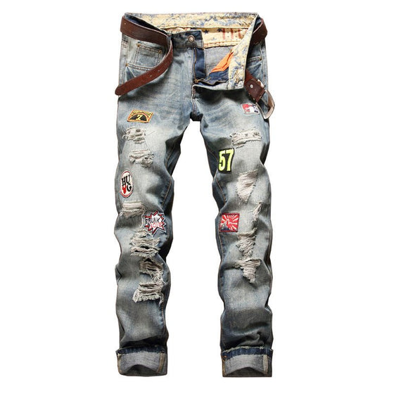 Land of Nostalgia Straight Motorcycle Men's Holes Pants Skinny Ripped Jeans (Ready to Ship) - Land of Nostalgia