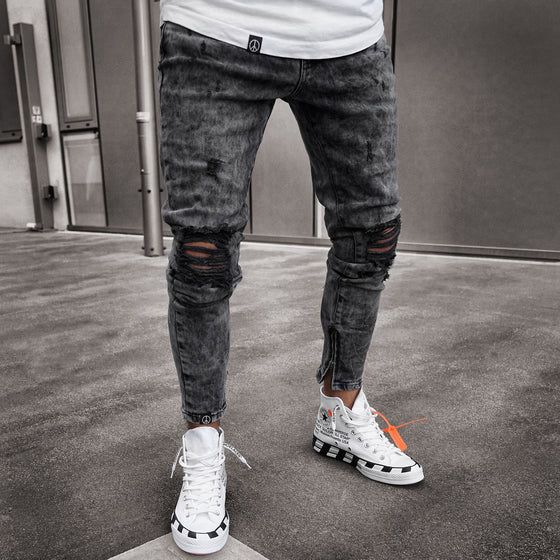 Land of Nostalgia Street wear Zipper Trouser Ripped Biker Skinny Jeans Men - Land of Nostalgia