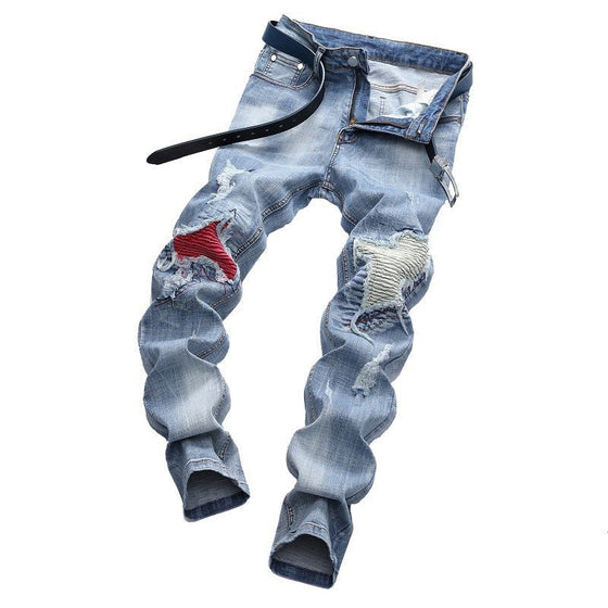 Land of Nostalgia Streetwear Men's Hip Hop Embroidery Ripped Skinny Jeans (Ready to Ship) - Land of Nostalgia