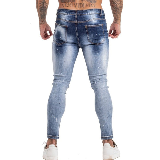 Land of Nostalgia Stretch Men's Elastic Waist Streetwear Blue Denim Ripped Pants Skinny Jeans - Land of Nostalgia