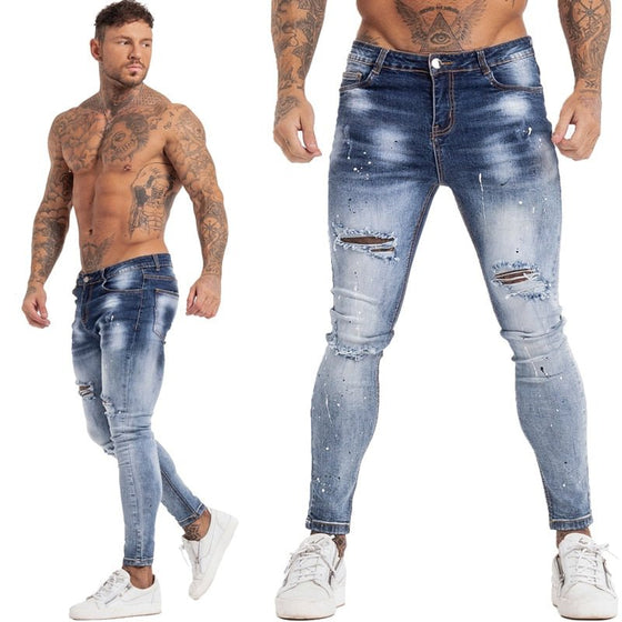 Land of Nostalgia Stretch Men's Elastic Waist Streetwear Blue Denim Ripped Pants Skinny Jeans - Land of Nostalgia