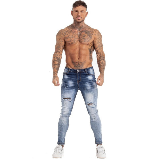 Land of Nostalgia Stretch Men's Elastic Waist Streetwear Blue Denim Ripped Pants Skinny Jeans - Land of Nostalgia