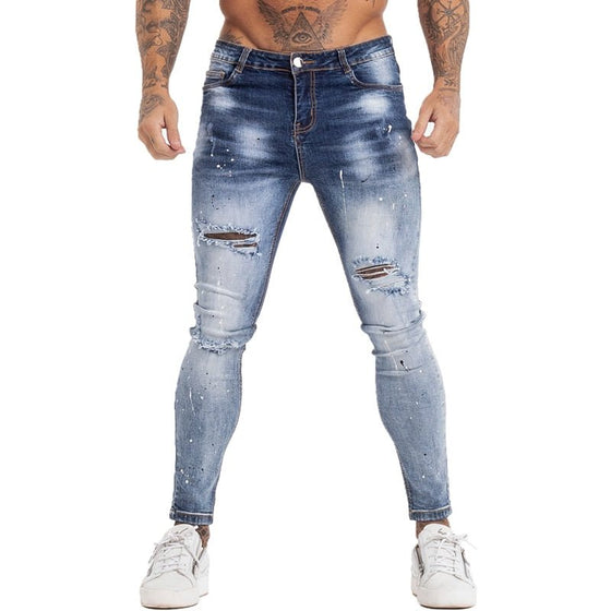 Land of Nostalgia Stretch Men's Elastic Waist Streetwear Blue Denim Ripped Pants Skinny Jeans - Land of Nostalgia