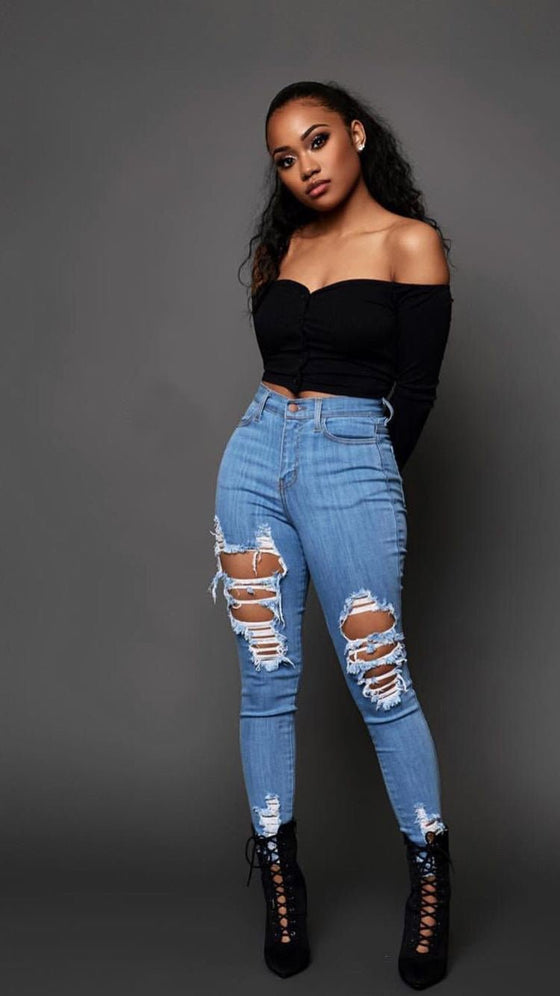 Land of Nostalgia Stretch Ripped Trousers Women's Sexy Pencil Pants Jeans - Land of Nostalgia