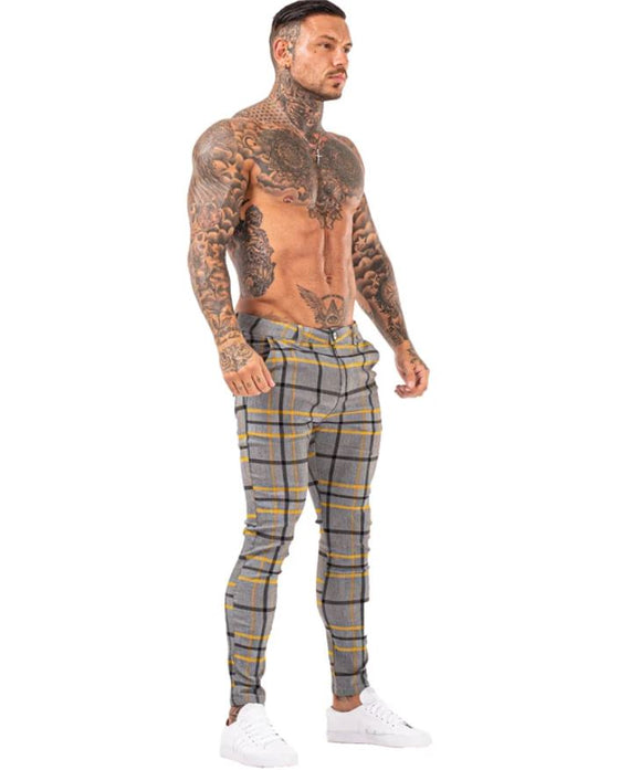 Land of Nostalgia Trousers Elastic Waist Plaid Chino Pants Slim Fit Super Stretch for Men