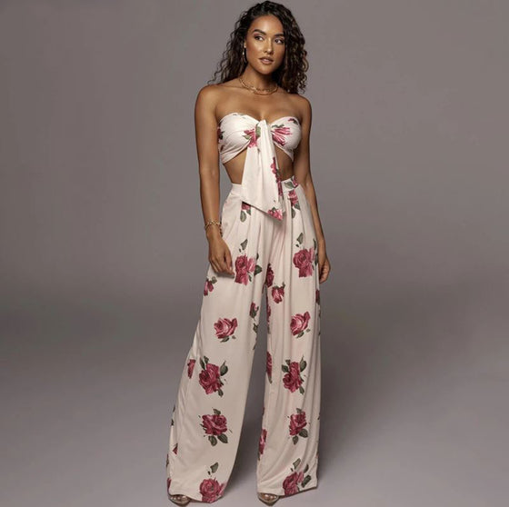 Land of Nostalgia Women's Floral Satin Ruched Breast Summer Top Pants Set