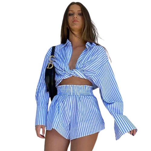 Land of Nostalgia Women's Striped Long Sleeve Short Summer Outfit Set