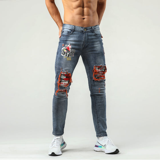 Land of Nostalgia Men's Skinny Ripped Patches Denim Jeans Pants