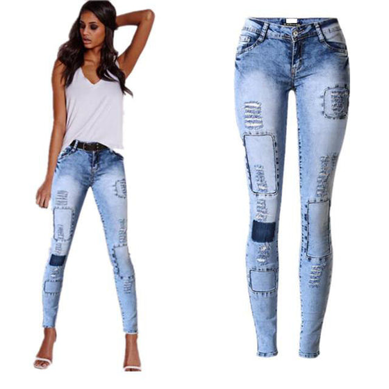 Land of Nostalgia Women's Shredded Skinny Denim Trouser Ripped Patches Stretch Jeans Pants