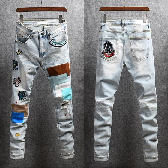 Land of Nostalgia Hip Hop Men's Plus Size Print Patch Denim Jeans (Ready to Ship)