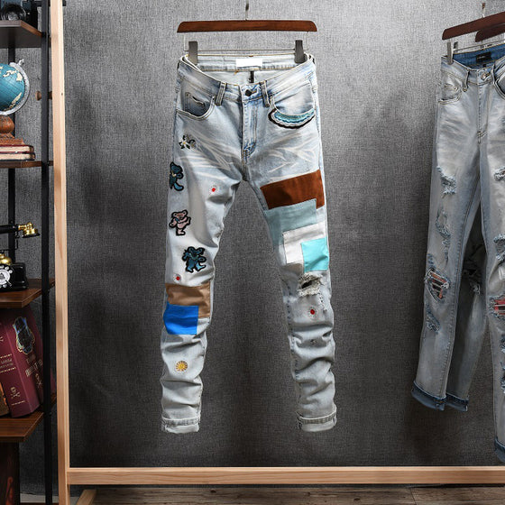 Land of Nostalgia Hip Hop Men's Plus Size Print Patch Denim Jeans