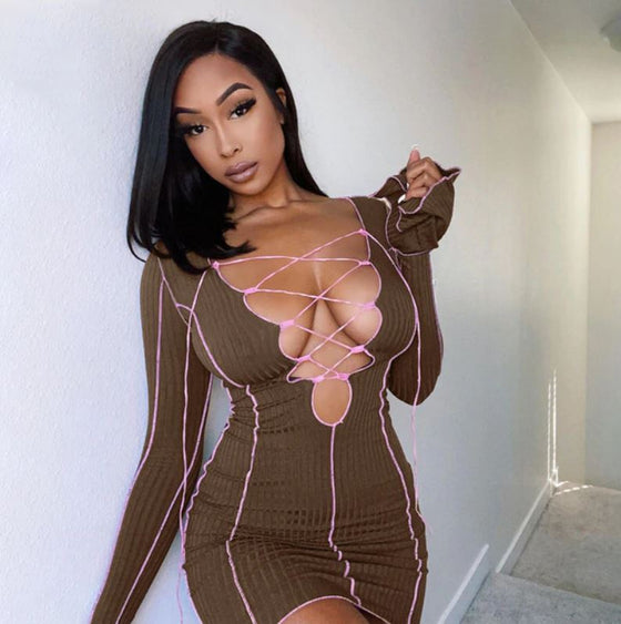 Land of Nostalgia Women's Long Sleeve Cut Out Bandage Mini Dress