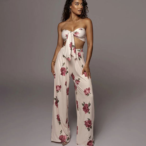 Land of Nostalgia Women's Floral Satin Ruched Breast Summer Top Pants Set