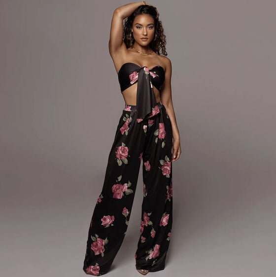 Land of Nostalgia Women's Floral Satin Ruched Breast Summer Top Pants Set