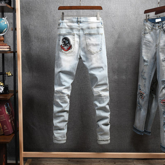 Land of Nostalgia Hip Hop Men's Plus Size Print Patch Denim Jeans (Ready to Ship)