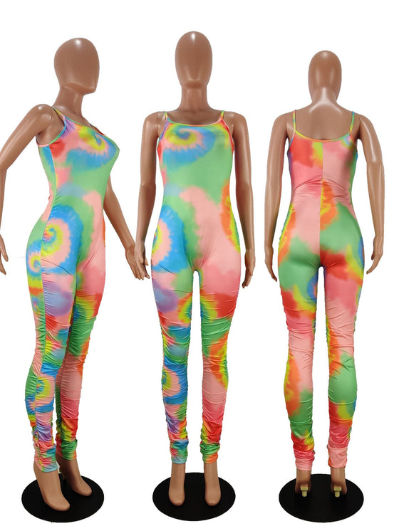 Land of Nostalgia Tie Dye Printed Women's Stacked Pleated Jumpsuit Pants