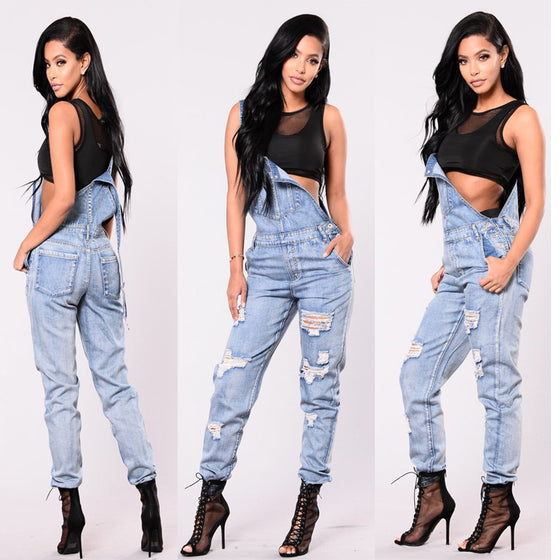 Land of Nostalgia Women's Fashion Ripped Denim Overalls Trousers Jumpsuit