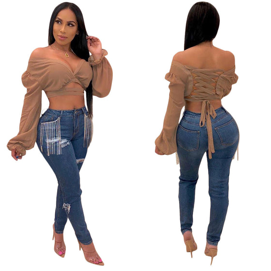 Land of Nostalgia Fashionable Fringed Trousers Pants Women's Casual Denim Ripped Jeans