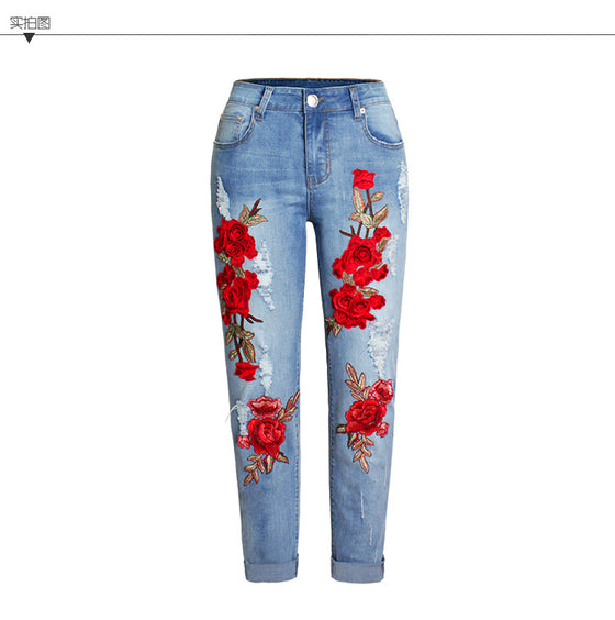 Land of Nostalgia Elastic 3D Embroidery Floral Trousers Ripped Pants Women's Denim Jeans
