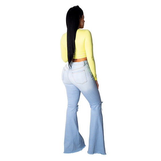 Land of Nostalgia Bell Bottom Wide Leg Knee Ripped Flare Jeans