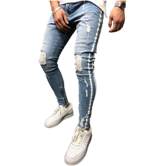 Land of Nostalgia Men’s Distressed Skinny Jeans with White Side Stripes and Zippered Ankles (Ready to Ship)