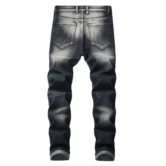 Land of Nostalgia Men's Trousers Biker Ripped Stretch Stitching Patches Denim Jeans