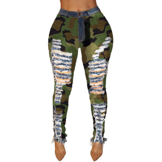 Land of Nostalgia High Waist Camouflage Distressed Trousers Women's Denim Ripped Jeans