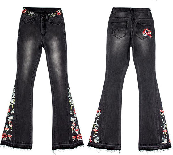Land of Nostalgia Women's Flare Denim Trousers Pants Black Wide Leg Embroidery Jeans