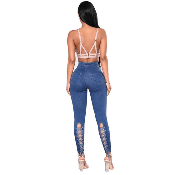 Land of Nostalgia High Waist Elastic Pantalones Women's Bandage Denim Jeans Trousers