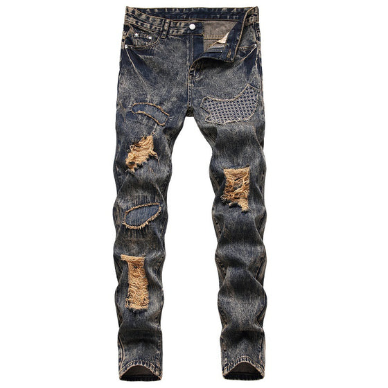 Land of Nostalgia Men's Embroidered Hole Patch Straight Ripped Trousers Jeans