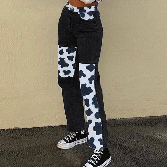 Land of Nostalgia High Waist Women's Denim Cow Patchwork Trousers Jeans