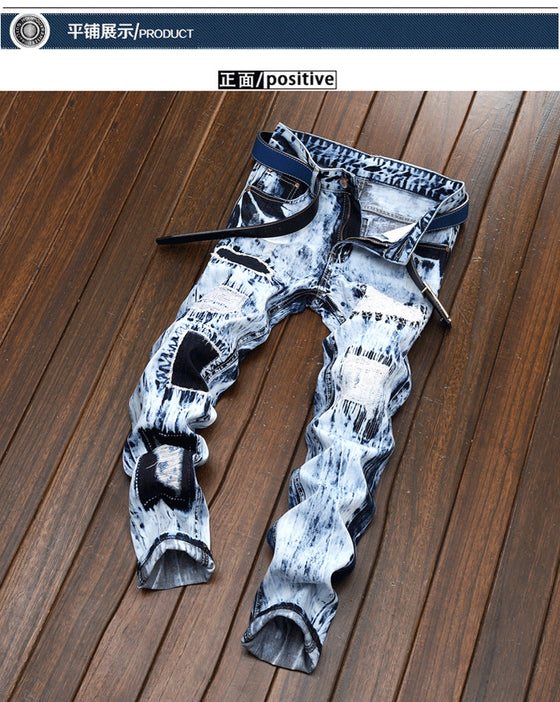 Land of Nostalgia Straight Leg Men's Denim Ripped Patch Embroidered Jeans