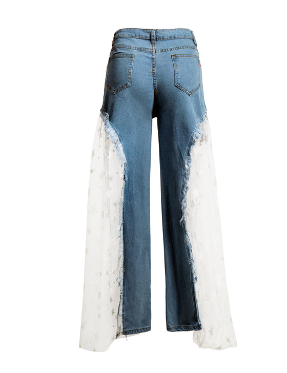 Land of Nostalgia High Waist Loose Wide Leg Casual Pants Women's Flare Denim White Gauze Star Print Denim Jeans