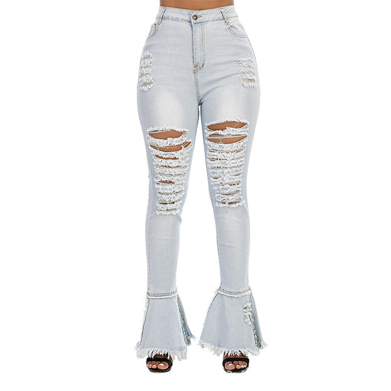 Land of Nostalgia High Waist Sexy Long Bell Bottom Women's Distressed Denim Skinny Trousers Jeans