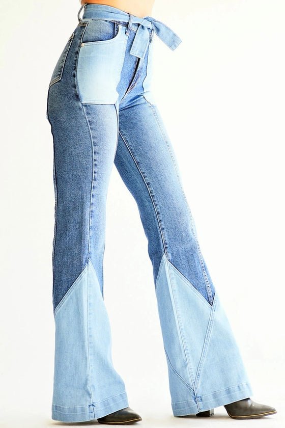 Land of Nostalgia High Waist Women's Flare Pants Streetwear Denim Stitching Belt Jeans