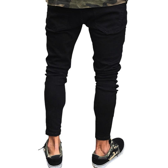 Land of Nostalgia Men's Black Trousers Skinny Ripped Jeans with Hole