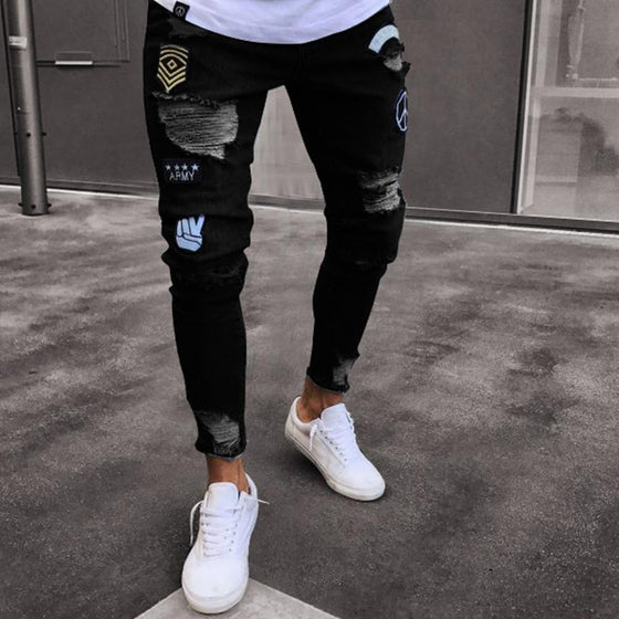 Land of Nostalgia Men's Stretchy Skinny Jeans Denim Patches Pants with Logo