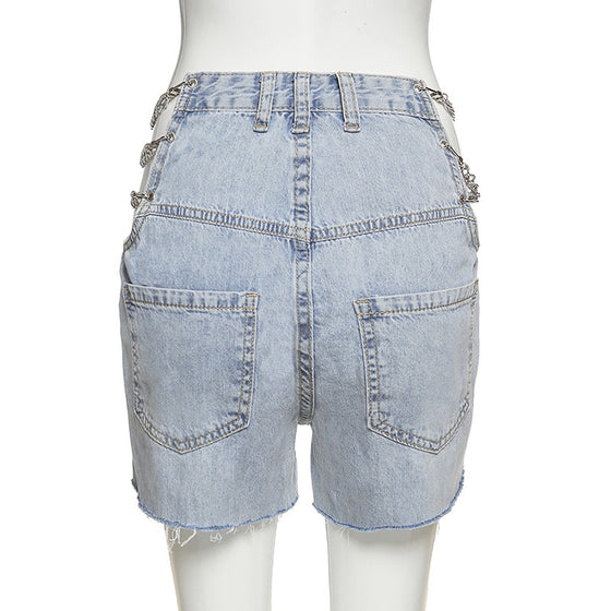 Land of Nostalgia Women's Sexy Chain Hollow Out Denim Shorts